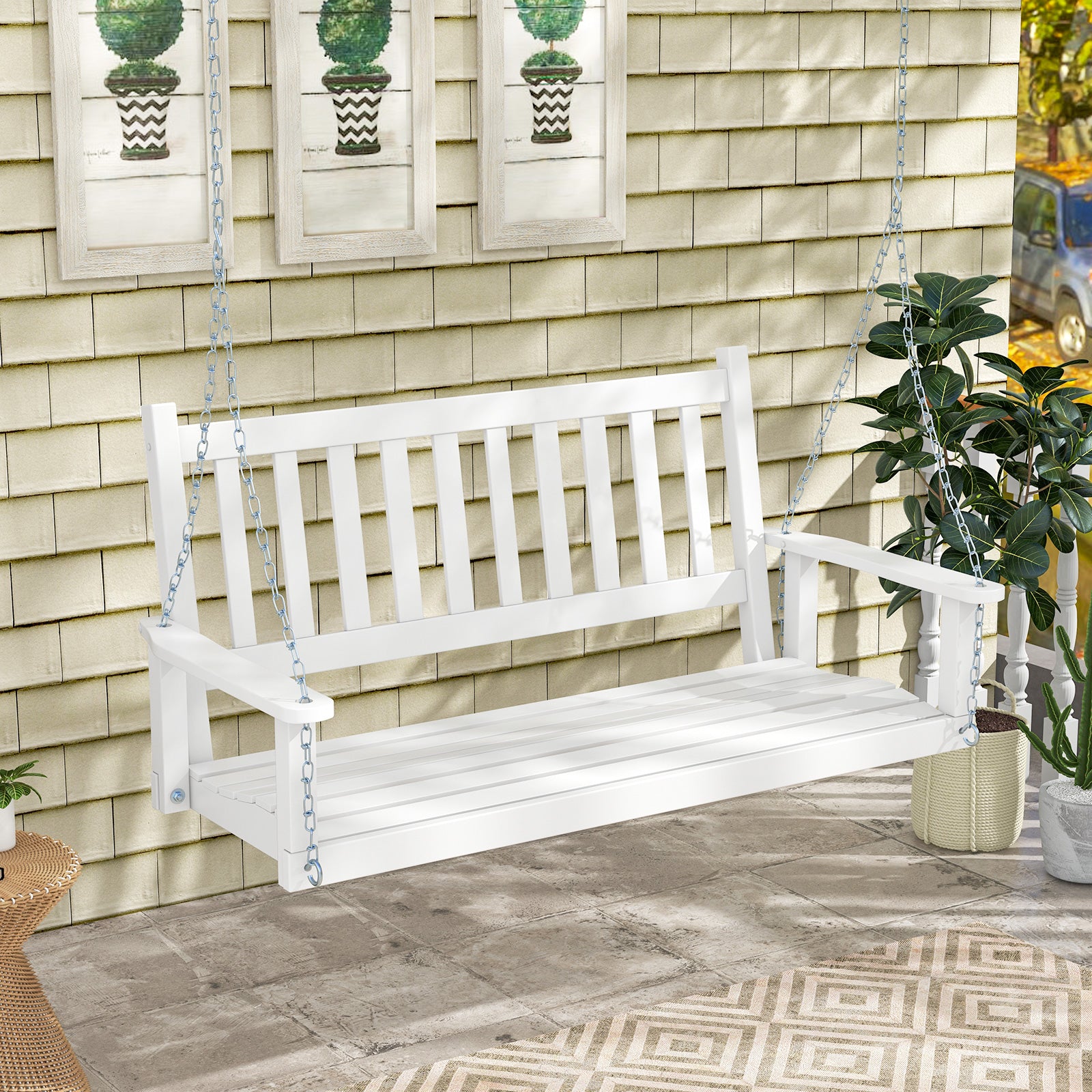 3-Person Wooden Outdoor Porch Swing with 800 lbs Weight Capacity-White