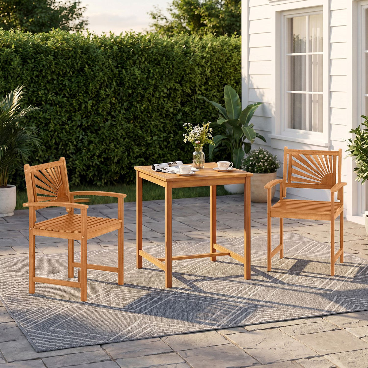 3-Piece Acacia Wood Patio Dining Set with Slatted Surface and Hollow Back