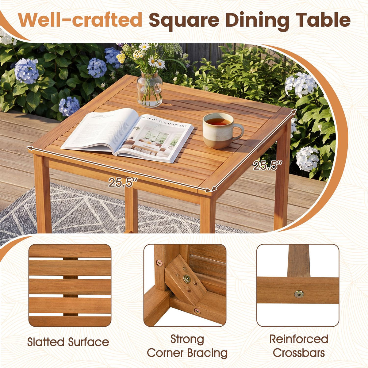 3-Piece Acacia Wood Patio Dining Set with Slatted Surface and Hollow Back