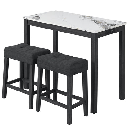 3-Piece Bar Table Set with Charging Station and Faux Marble Top-White