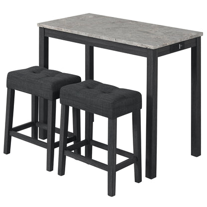 3-Piece Bar Table Set with Charging Station and Faux Marble Top-Gray