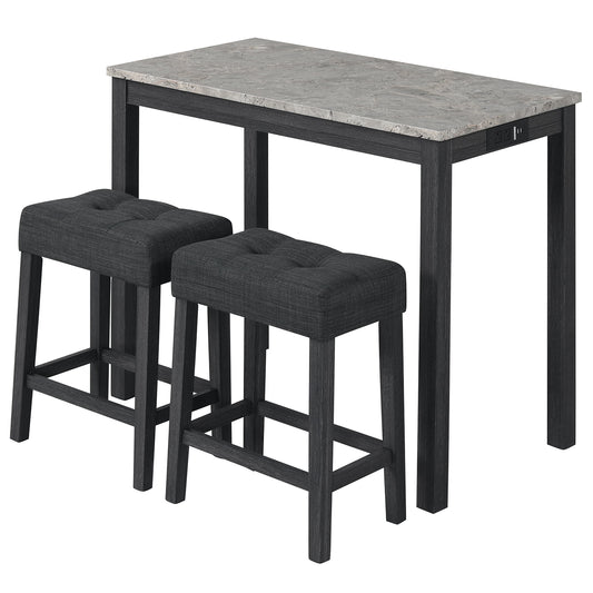 3-Piece Bar Table Set with Charging Station and Faux Marble Top-Gray