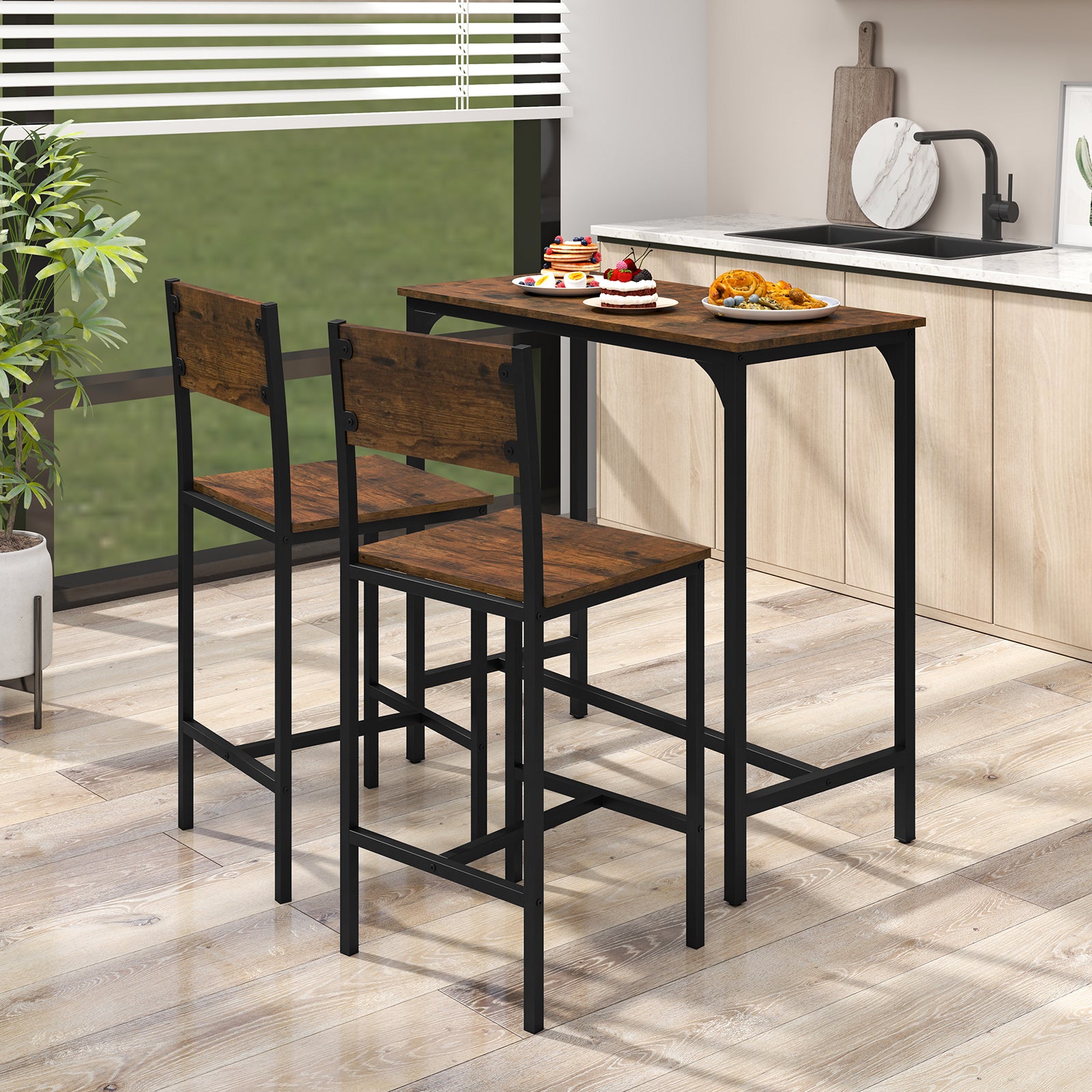 3 Piece Bar Table Set with Backrest and Footrest for Small Space-Rustic Brown