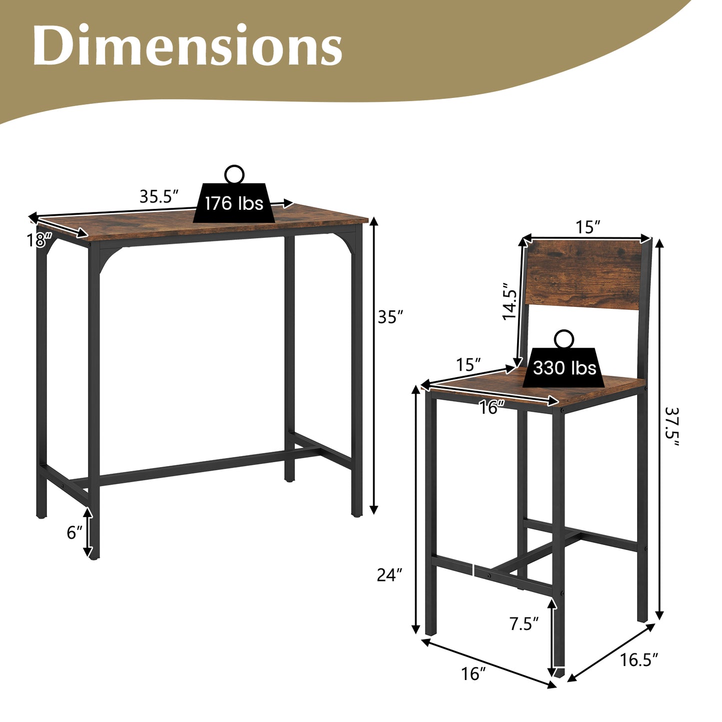 3 Piece Bar Table Set with Backrest and Footrest for Small Space-Rustic Brown