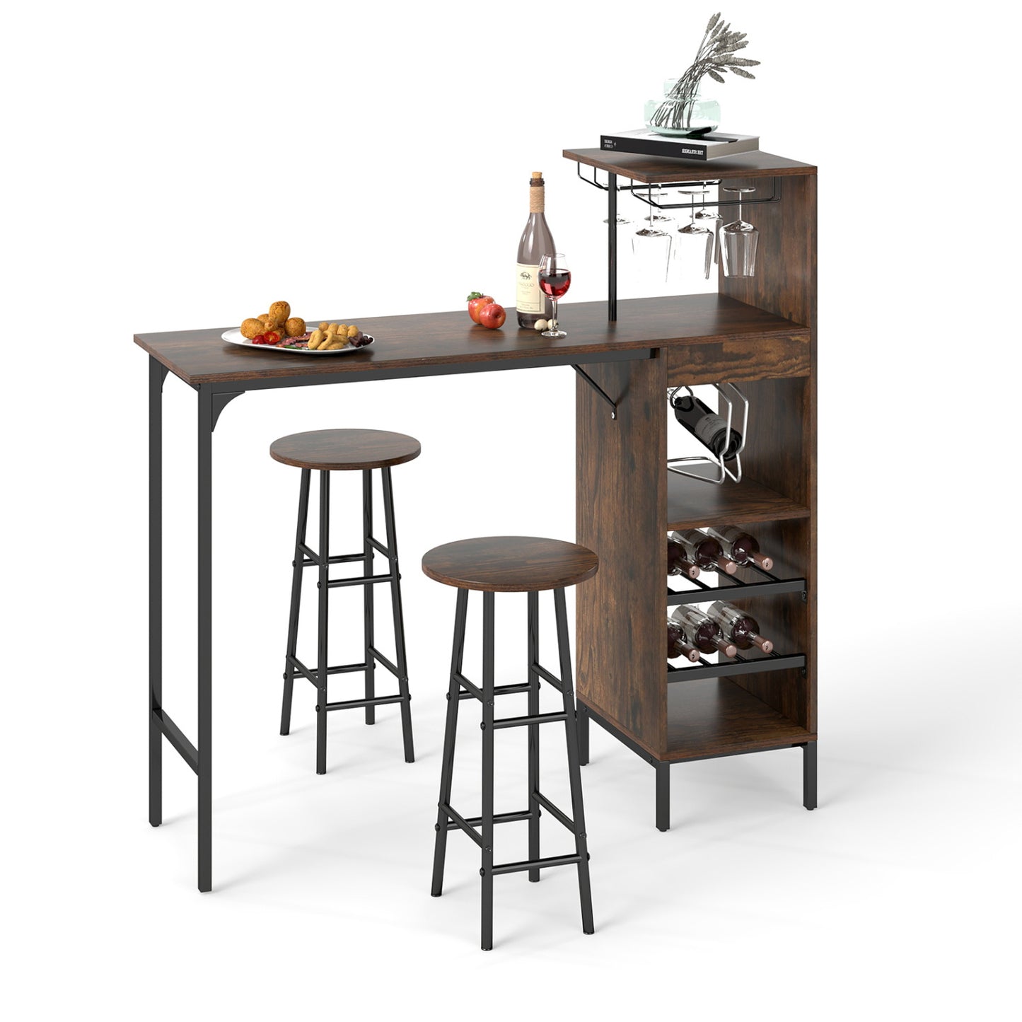3 Piece Bar Table and Chairs Set with 6-Bottle Wine Rack-Brown - Rustic Brown