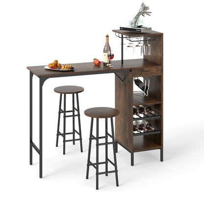 3 Piece Bar Table and Chairs Set with 6-Bottle Wine Rack-Brown - Rustic Brown