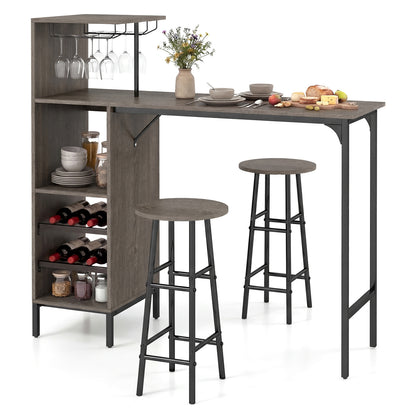 3 Piece Bar Table and Chairs Set with 6-Bottle Wine Rack-Brown - Oak