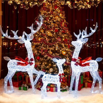 3-Piece Christmas Lighted Iridescent Reindeer Family Set with 215 Cold White LED Lights and Ground Stakes