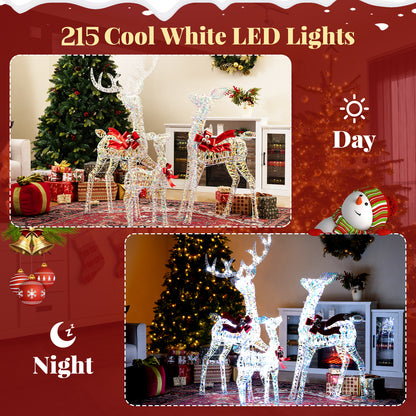3-Piece Christmas Lighted Iridescent Reindeer Family Set with 215 Cold White LED Lights and Ground Stakes