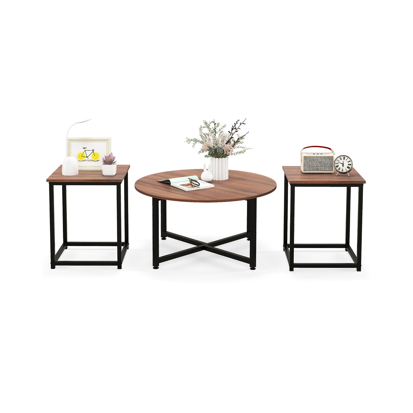 3-Piece Coffee Table Set Round Coffee Table and 2PCS Square End Tables-Walnut and Black - Walnut And Black