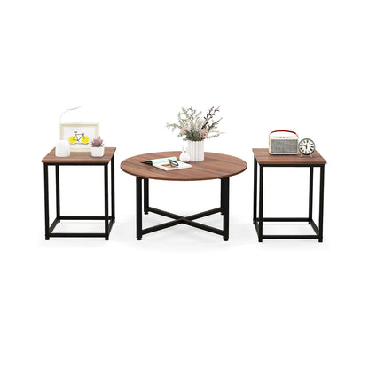3-Piece Coffee Table Set Round Coffee Table and 2PCS Square End Tables-Walnut and Black - Walnut And Black