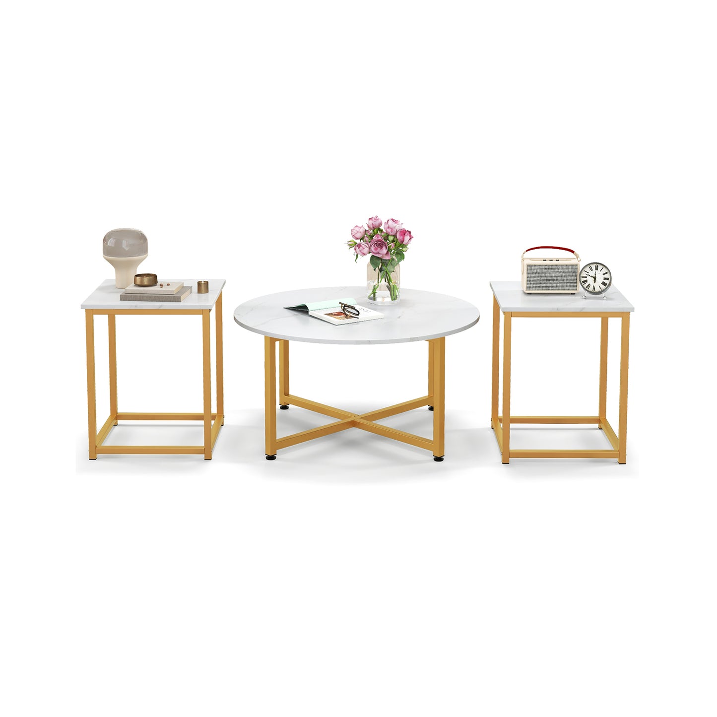 3-Piece Coffee Table Set Round Coffee Table and 2PCS Square End Tables-Walnut and Black - White And Gold