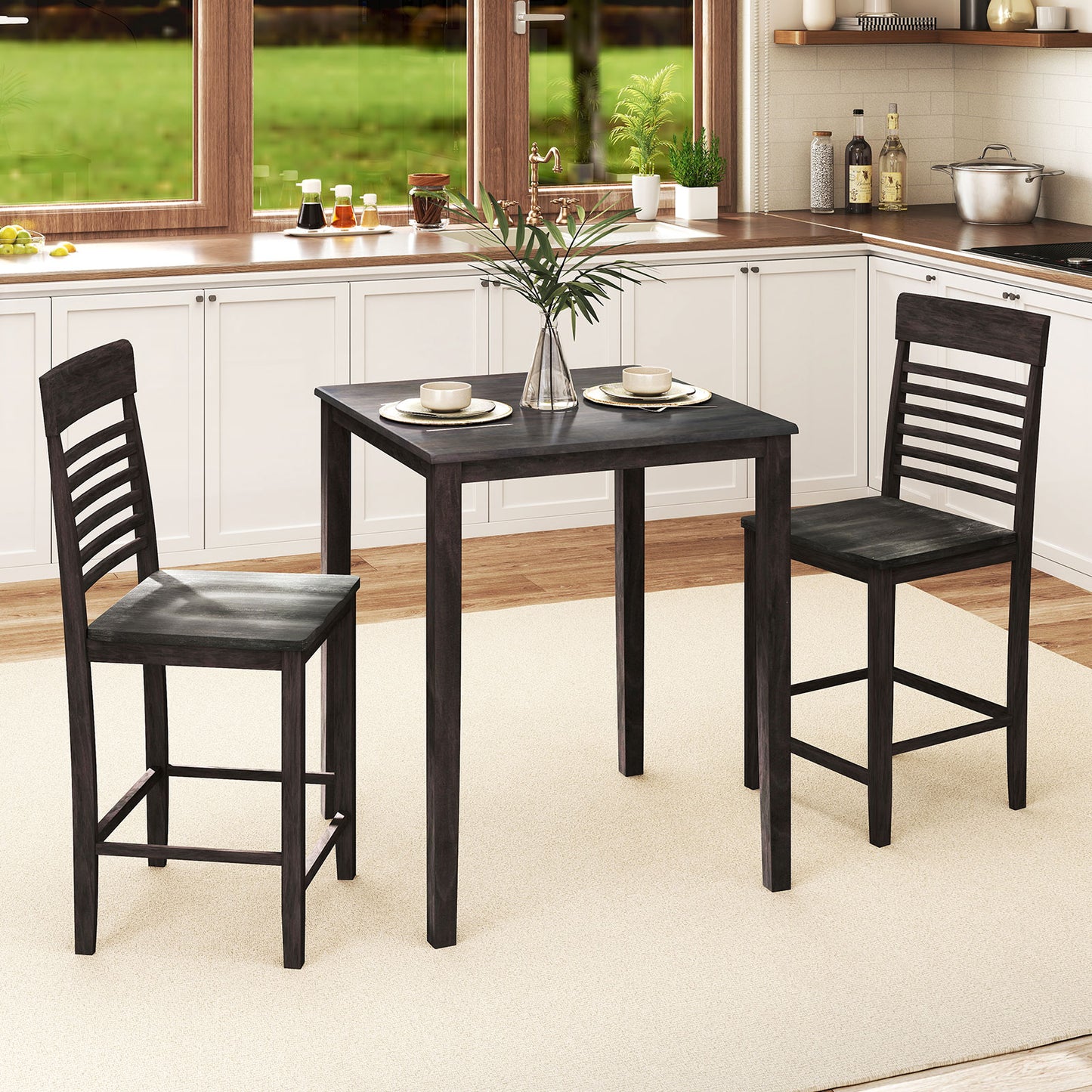 3-Piece Counter-Height Dining Table Set for 2 with Rubber Wood Frame and Footrest-Gray