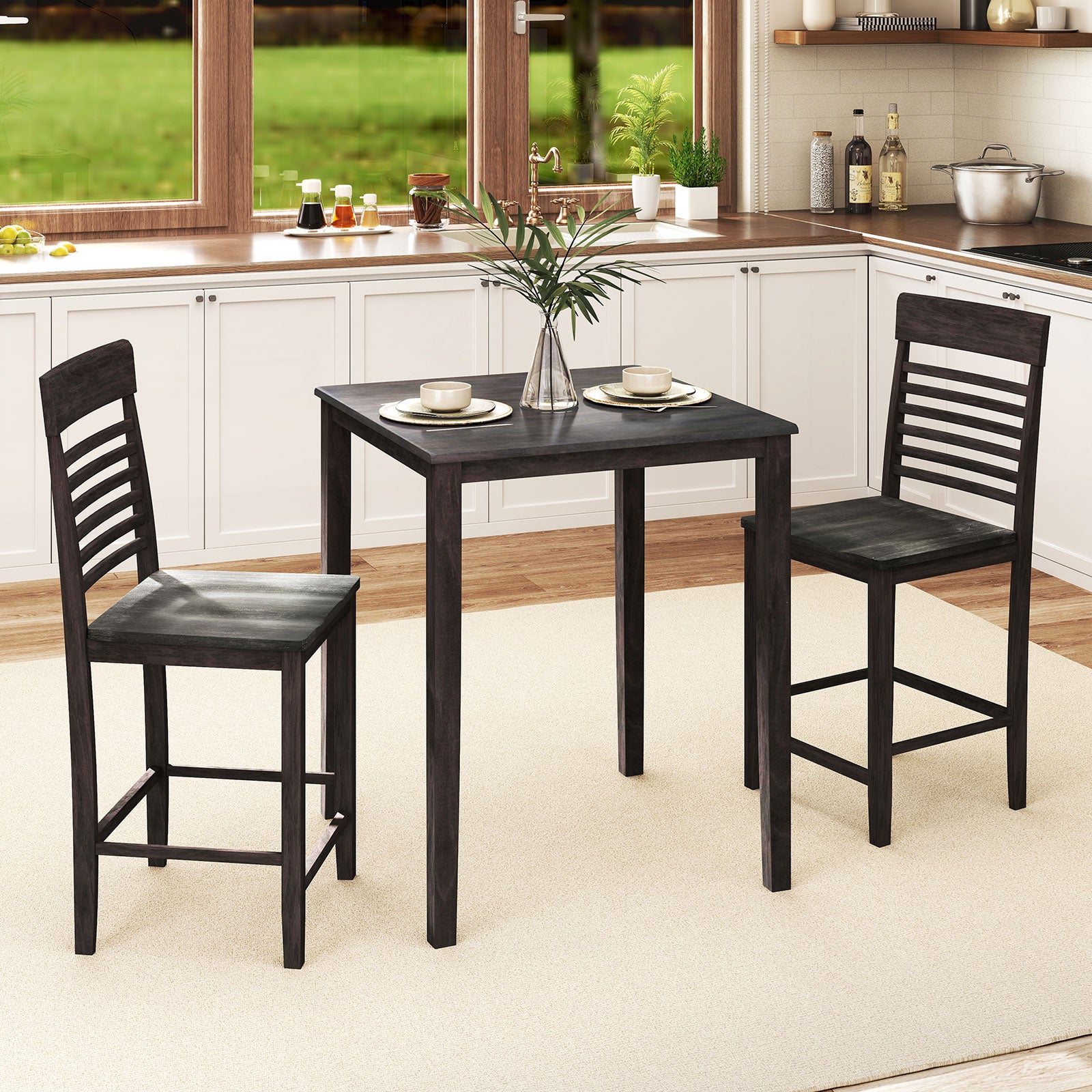 3-Piece Counter-Height Dining Table Set for 2 with Rubber Wood Frame and Footrest-Gray