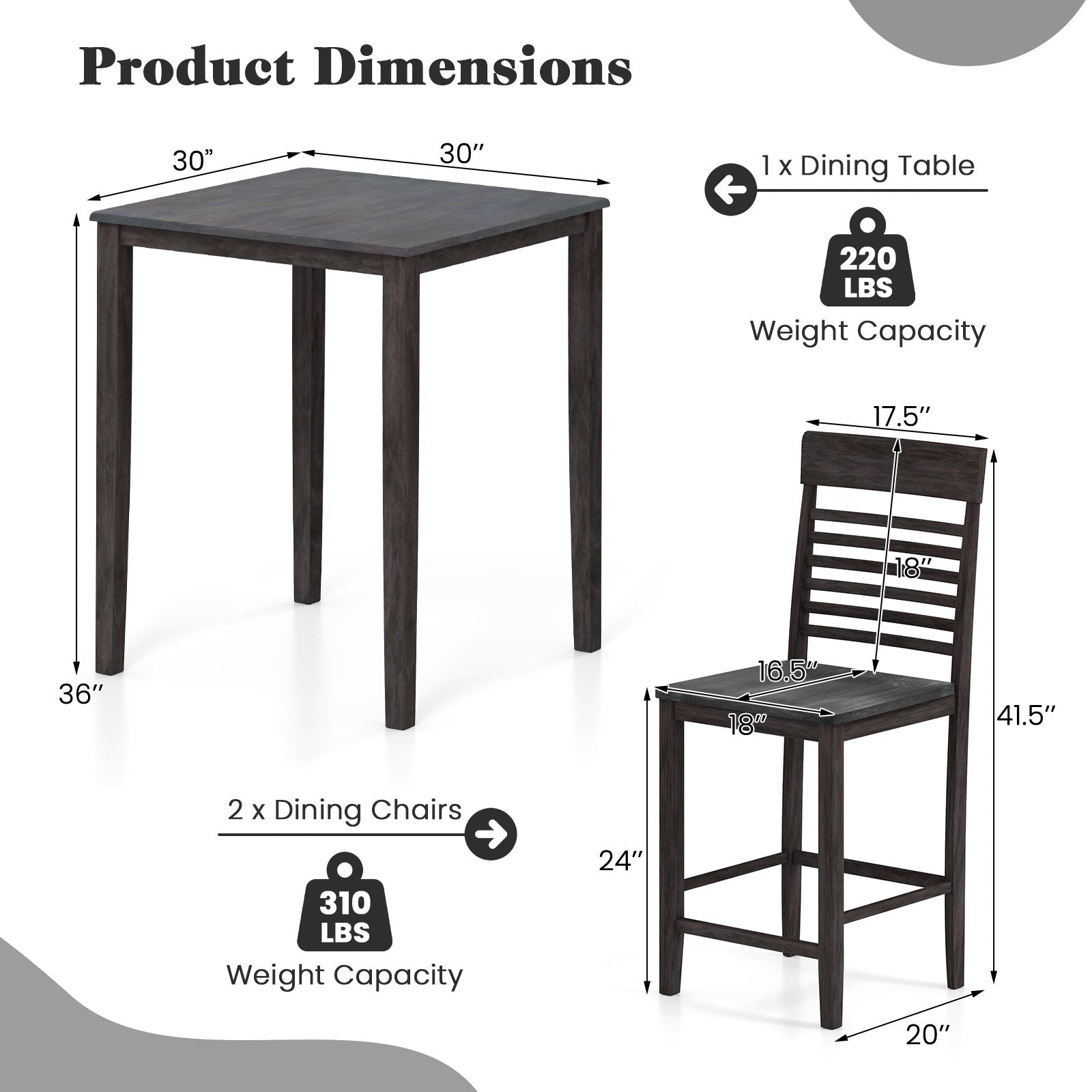 3-Piece Counter-Height Dining Table Set for 2 with Rubber Wood Frame and Footrest-Gray