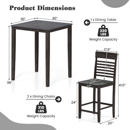 3-Piece Counter-Height Dining Table Set for 2 with Rubber Wood Frame and Footrest-Gray