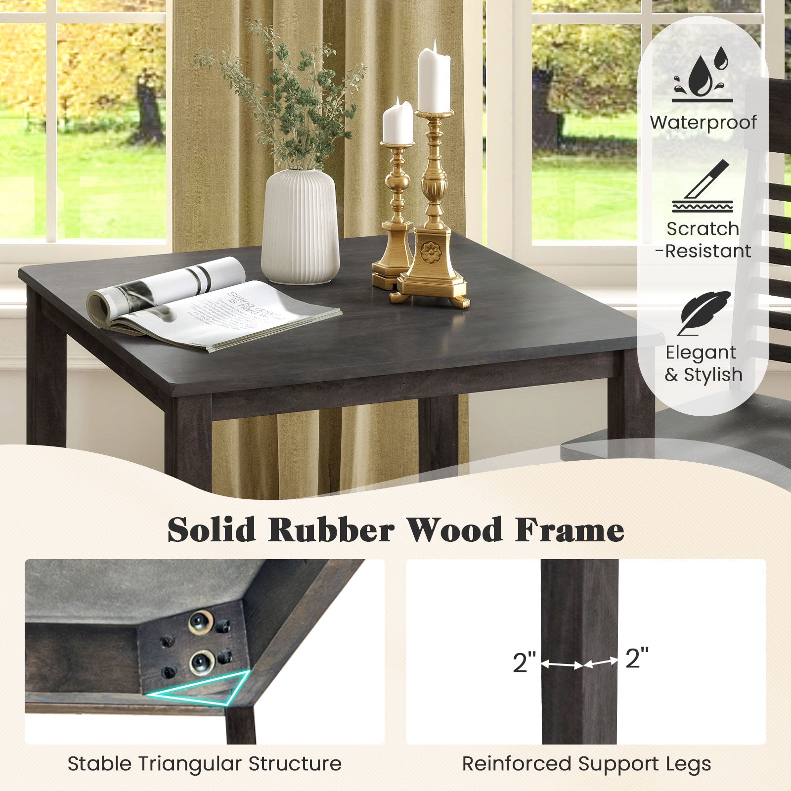 3-Piece Counter-Height Dining Table Set for 2 with Rubber Wood Frame and Footrest-Gray