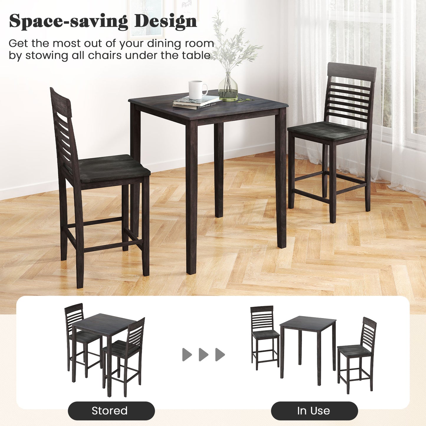 3-Piece Counter-Height Dining Table Set for 2 with Rubber Wood Frame and Footrest-Gray