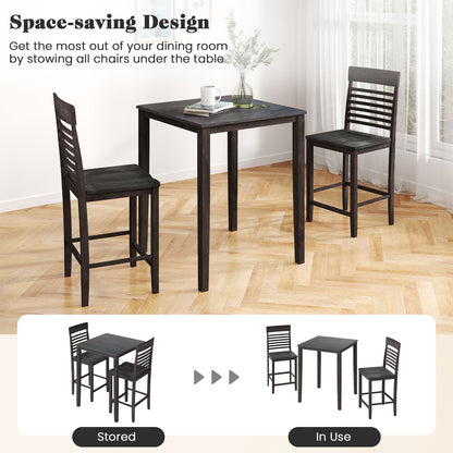 3-Piece Counter-Height Dining Table Set for 2 with Rubber Wood Frame and Footrest-Gray