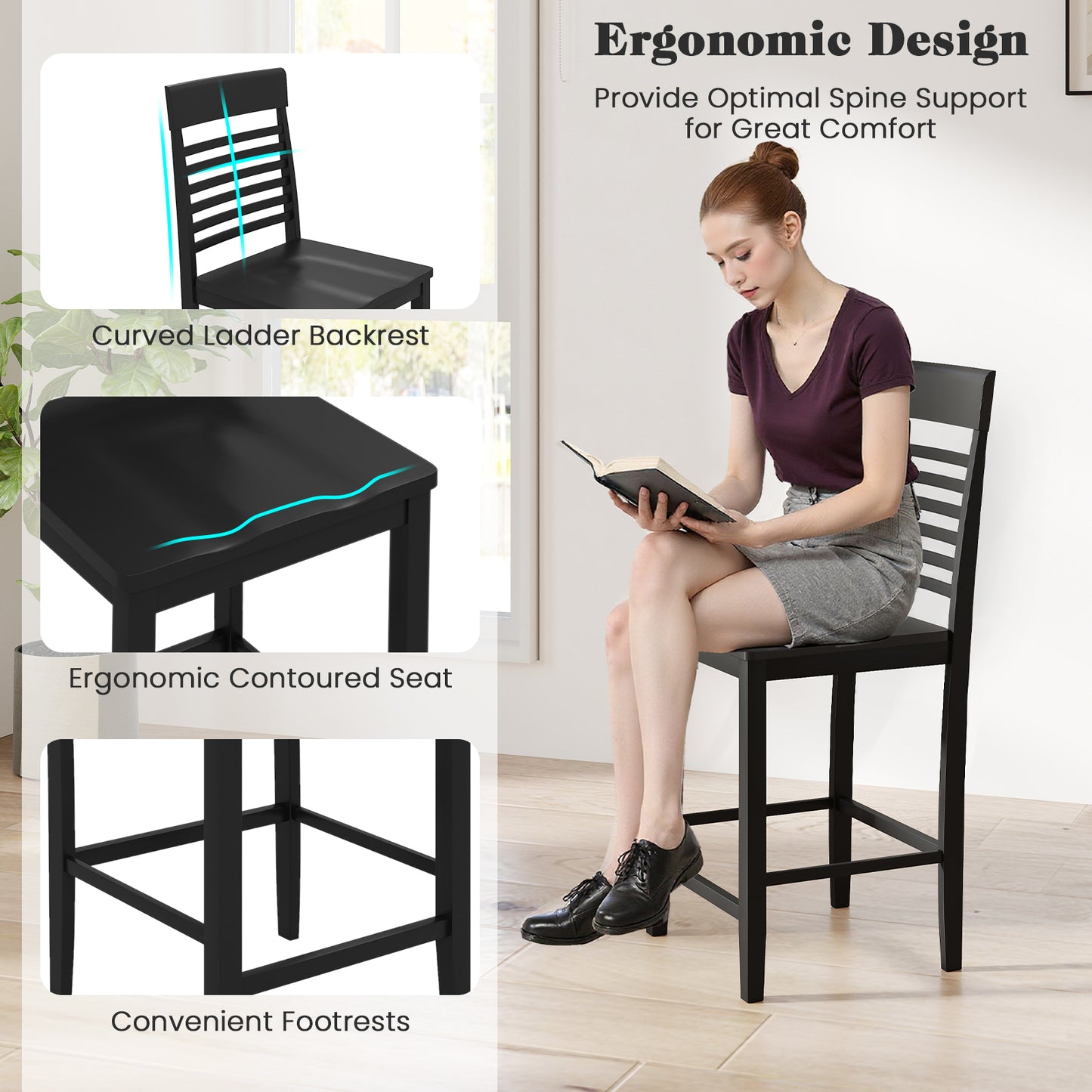 3-Piece Counter-Height Dining Table Set for 2 with Rubber Wood Frame and Footrest-Black