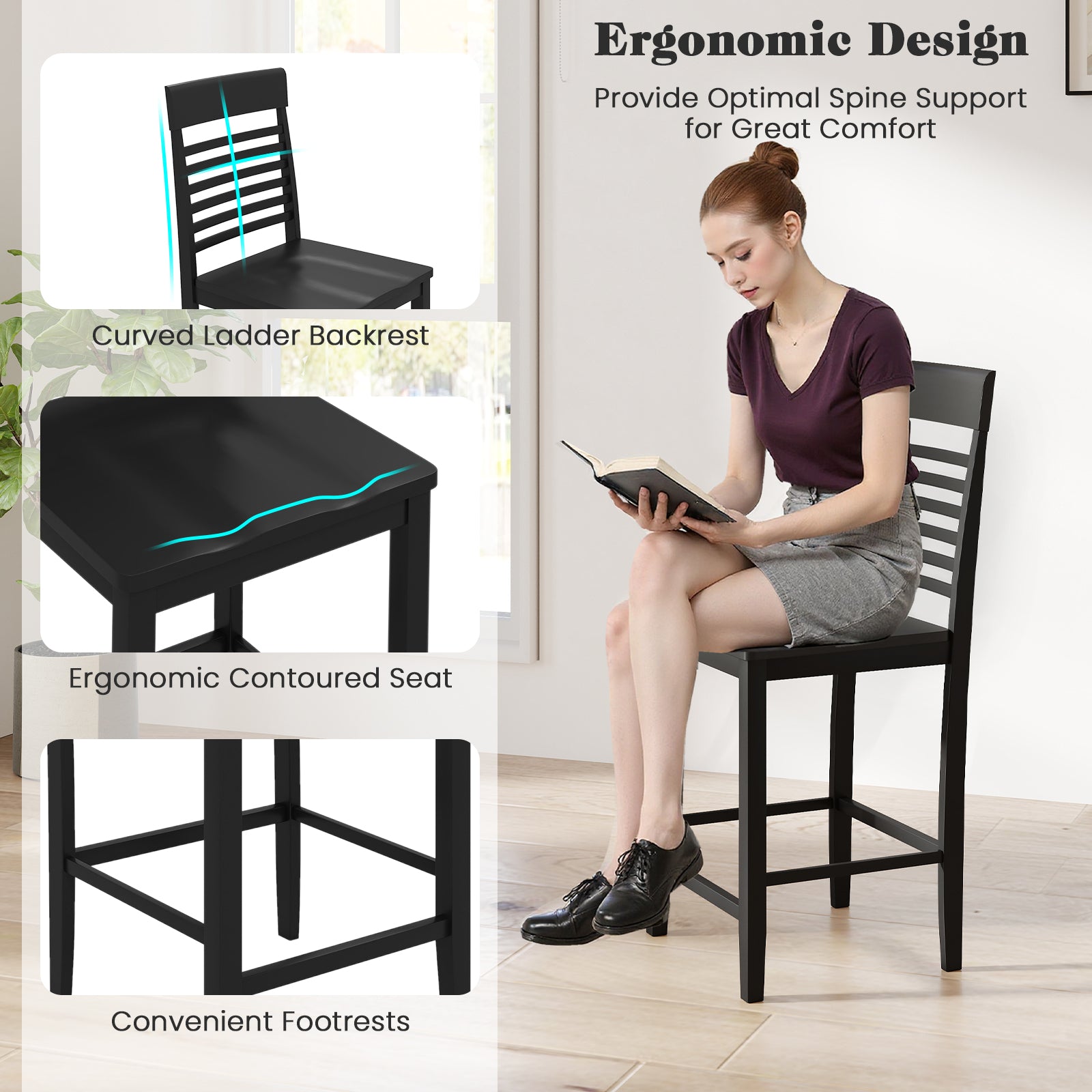 3-Piece Counter-Height Dining Table Set for 2 with Rubber Wood Frame and Footrest-Black
