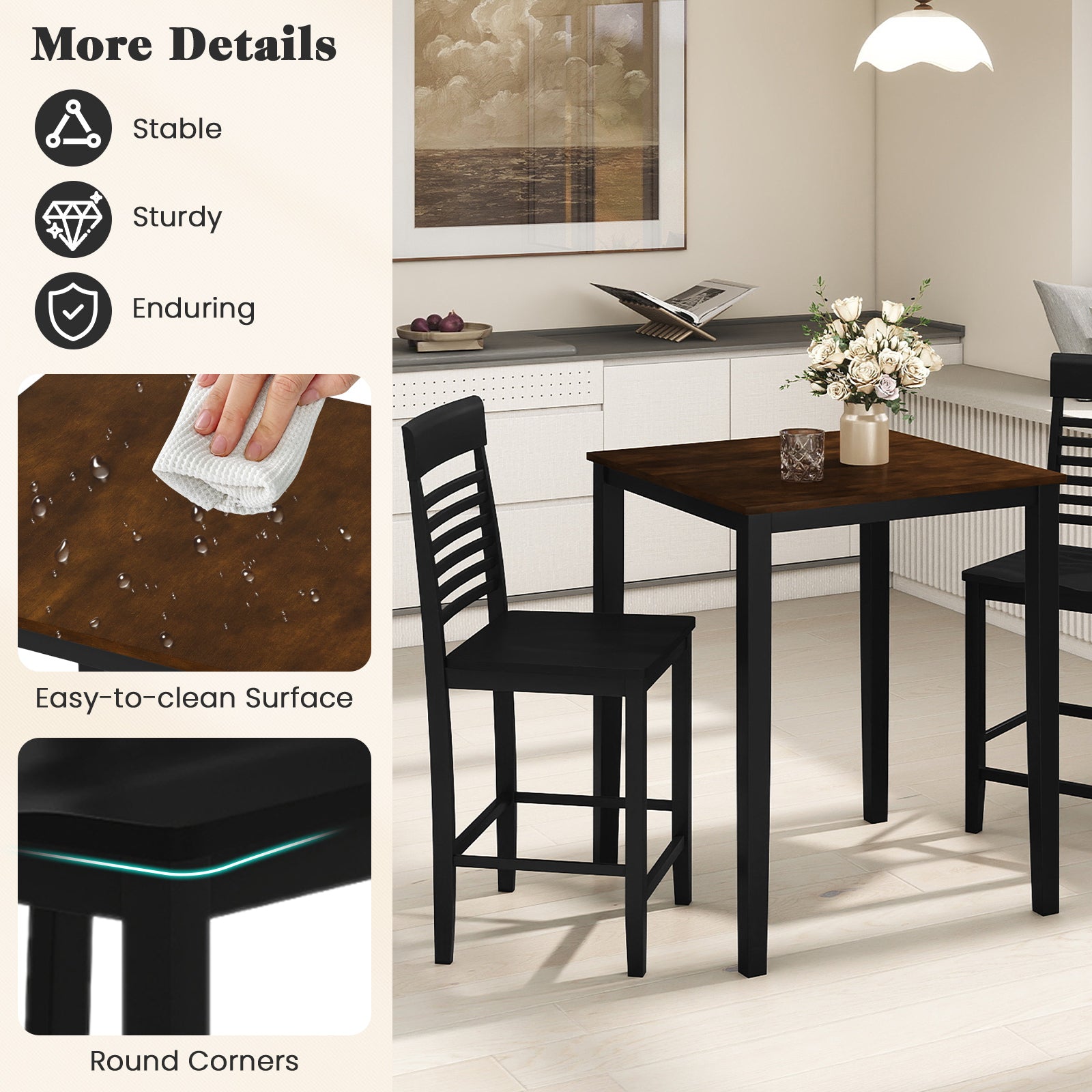 3-Piece Counter-Height Dining Table Set for 2 with Rubber Wood Frame and Footrest-Black