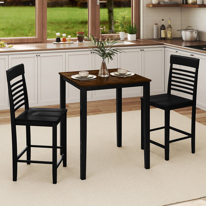 3-Piece Counter-Height Dining Table Set for 2 with Rubber Wood Frame and Footrest-Black