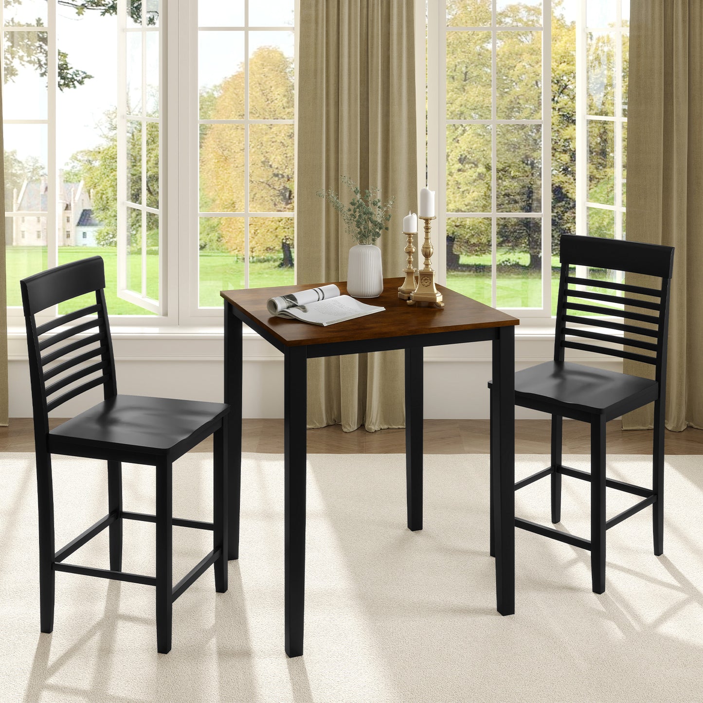 3-Piece Counter-Height Dining Table Set for 2 with Rubber Wood Frame and Footrest-Black