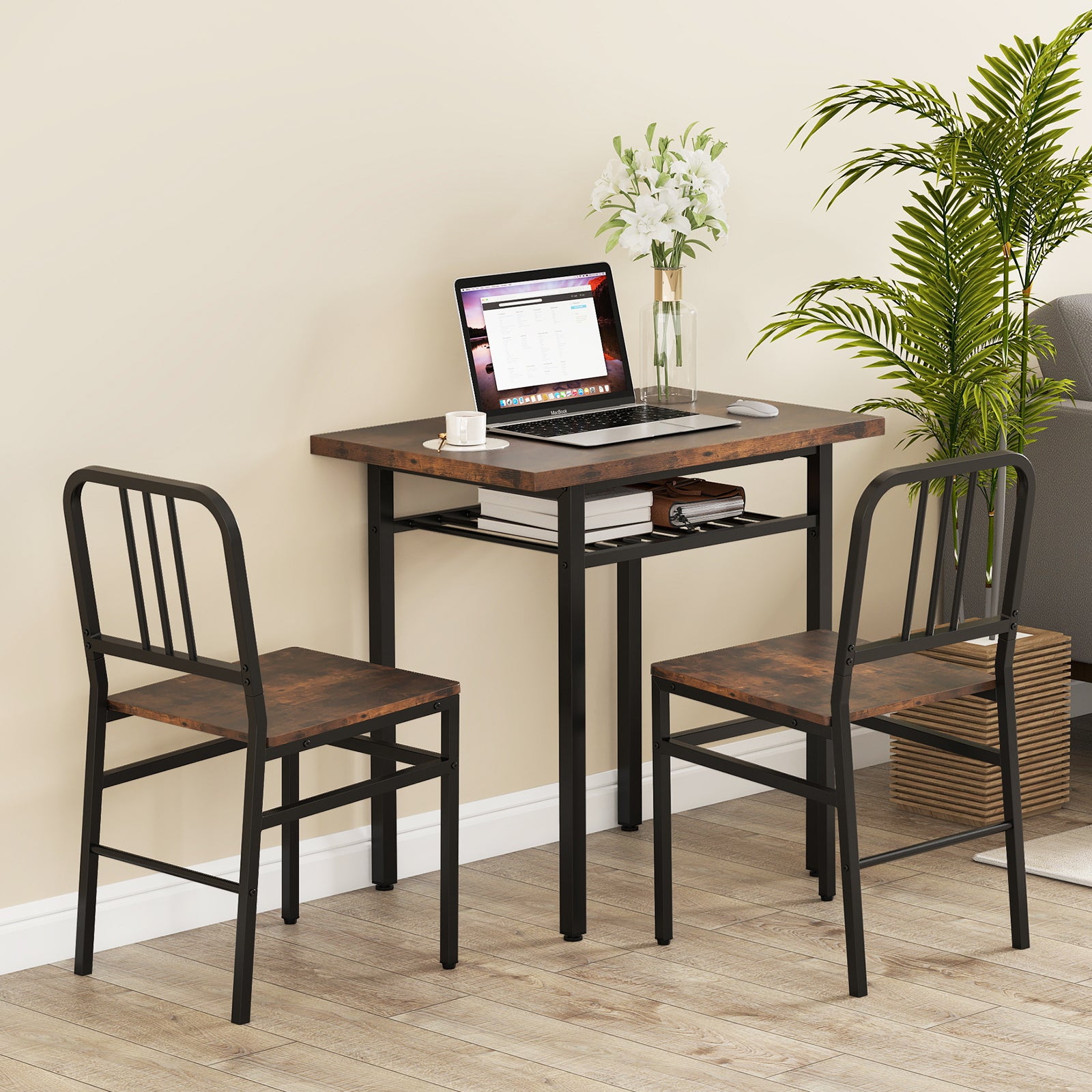 3-Piece Dining Table Set with Rectangular Kitchen Table and 2 Chairs-Rustic Brown