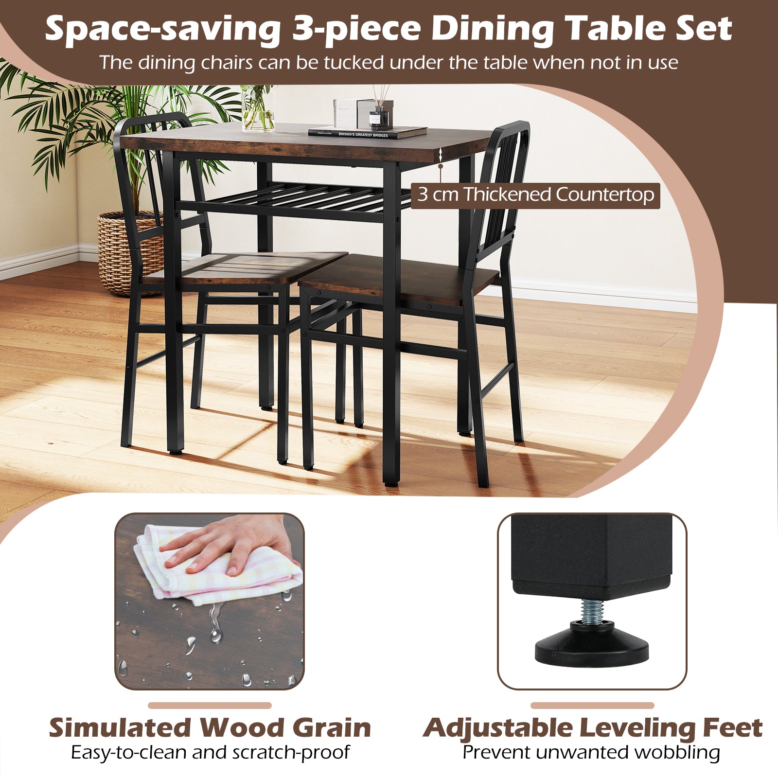 3-Piece Dining Table Set with Rectangular Kitchen Table and 2 Chairs-Rustic Brown