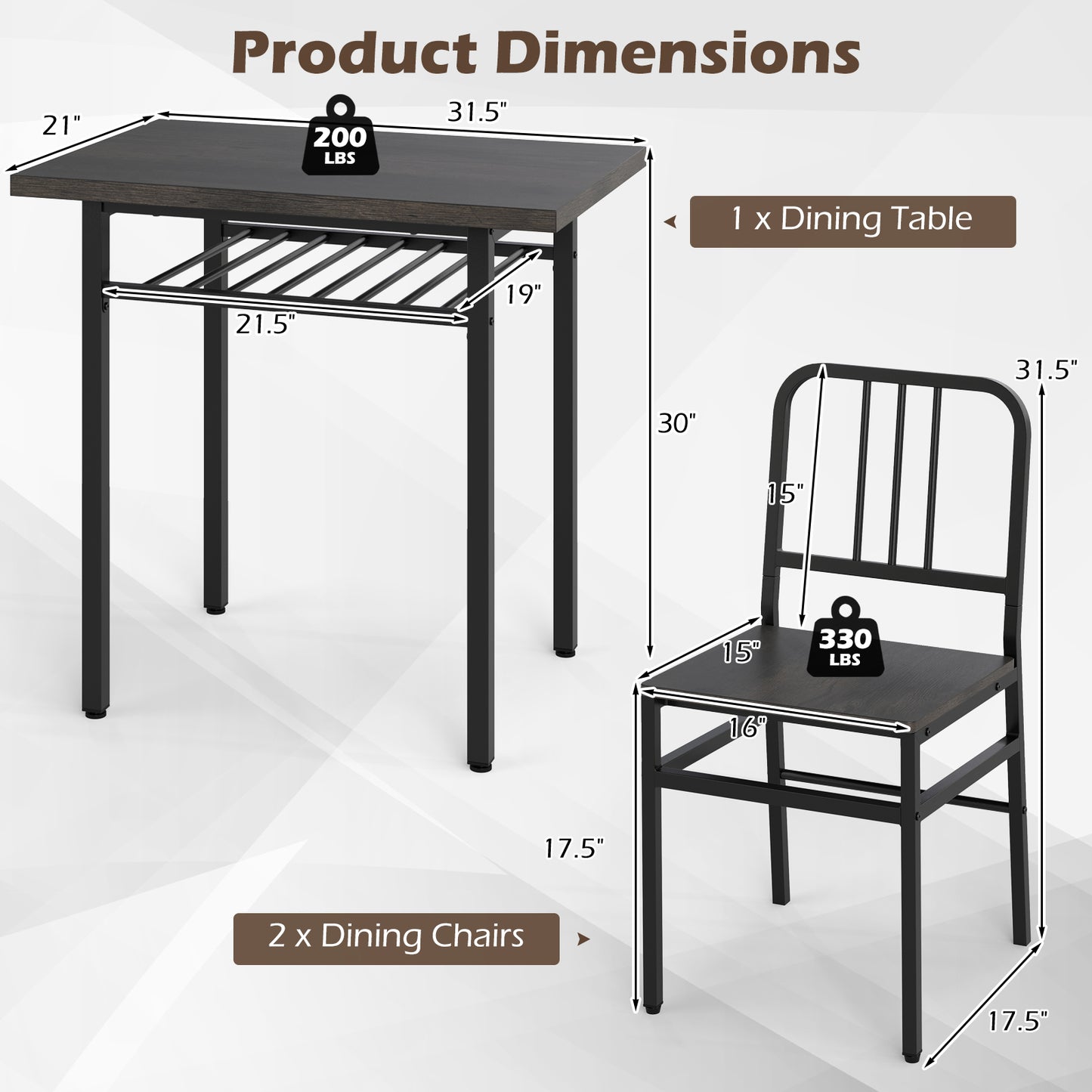 3-Piece Dining Table Set with Rectangular Kitchen Table and 2 Chairs-Gray