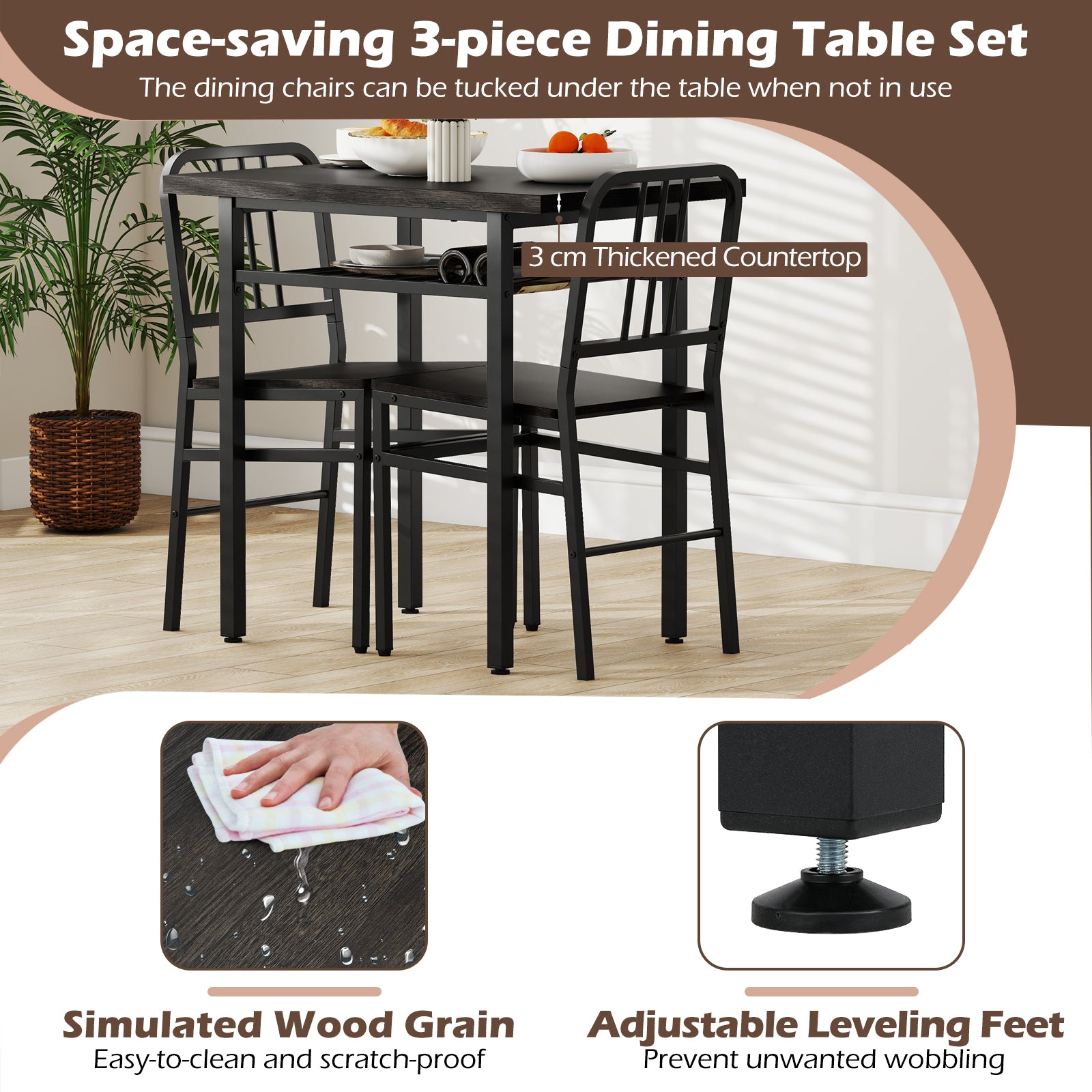 3-Piece Dining Table Set with Rectangular Kitchen Table and 2 Chairs-Gray