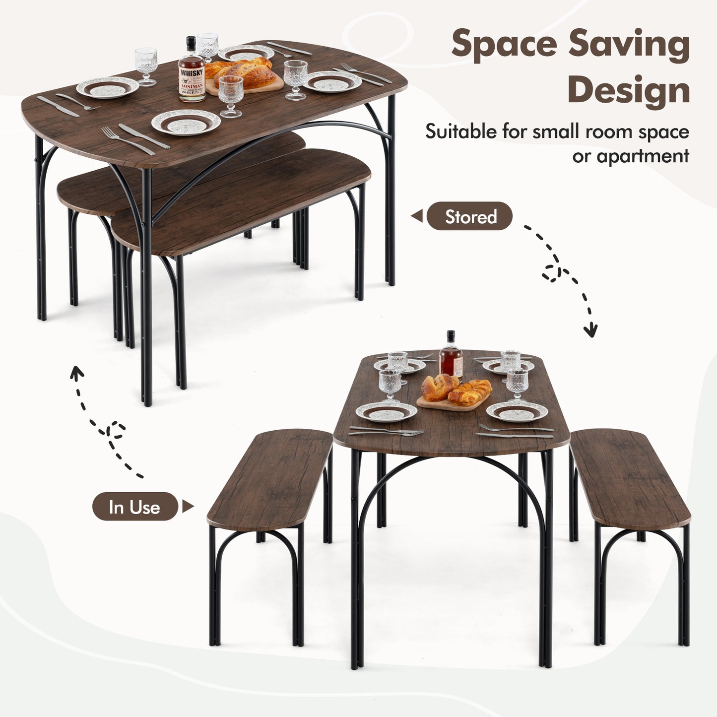 3-Piece Dining Table Set for 4 with Metal Frame-Brown