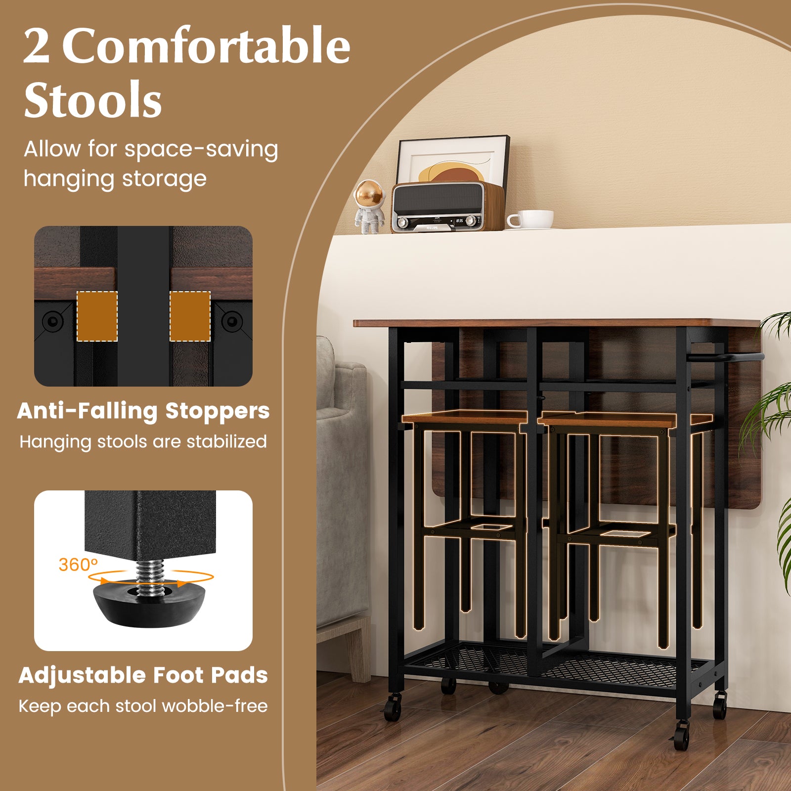 3 Piece Dining Table Set with 6-Bottle Wine Rack-Brown
