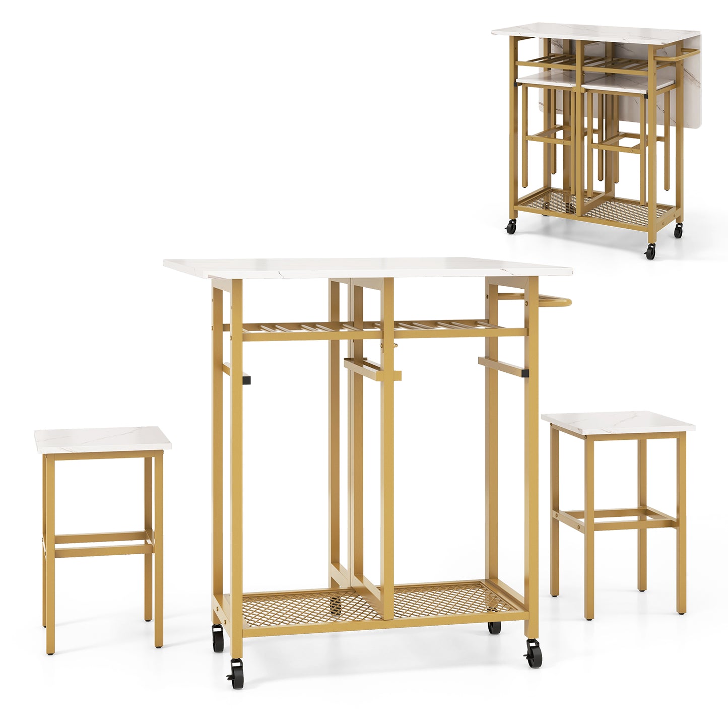 3 Piece Dining Table Set with 6-Bottle Wine Rack-White