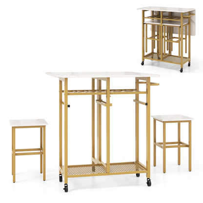 3 Piece Dining Table Set with 6-Bottle Wine Rack-White