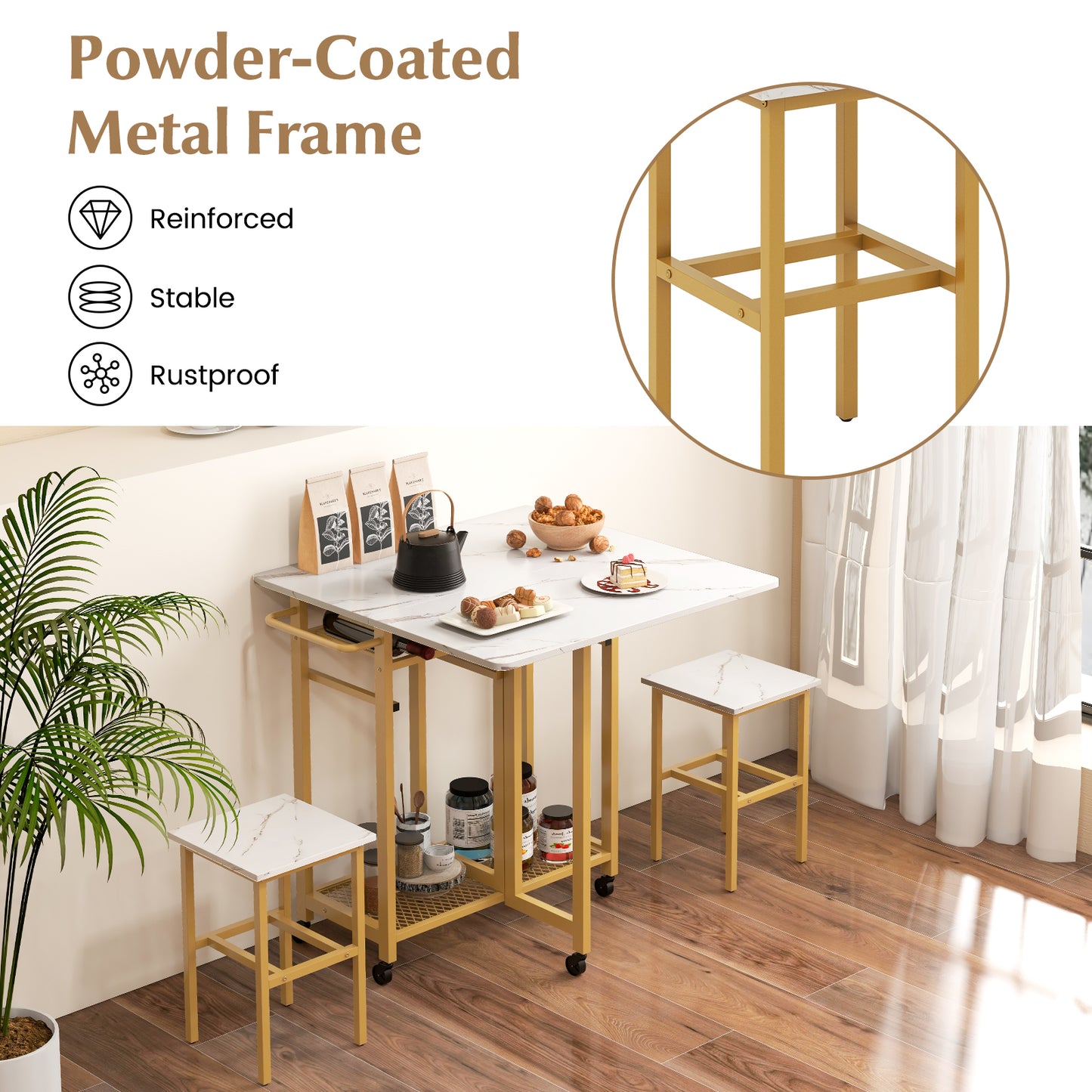 3 Piece Dining Table Set with 6-Bottle Wine Rack-White