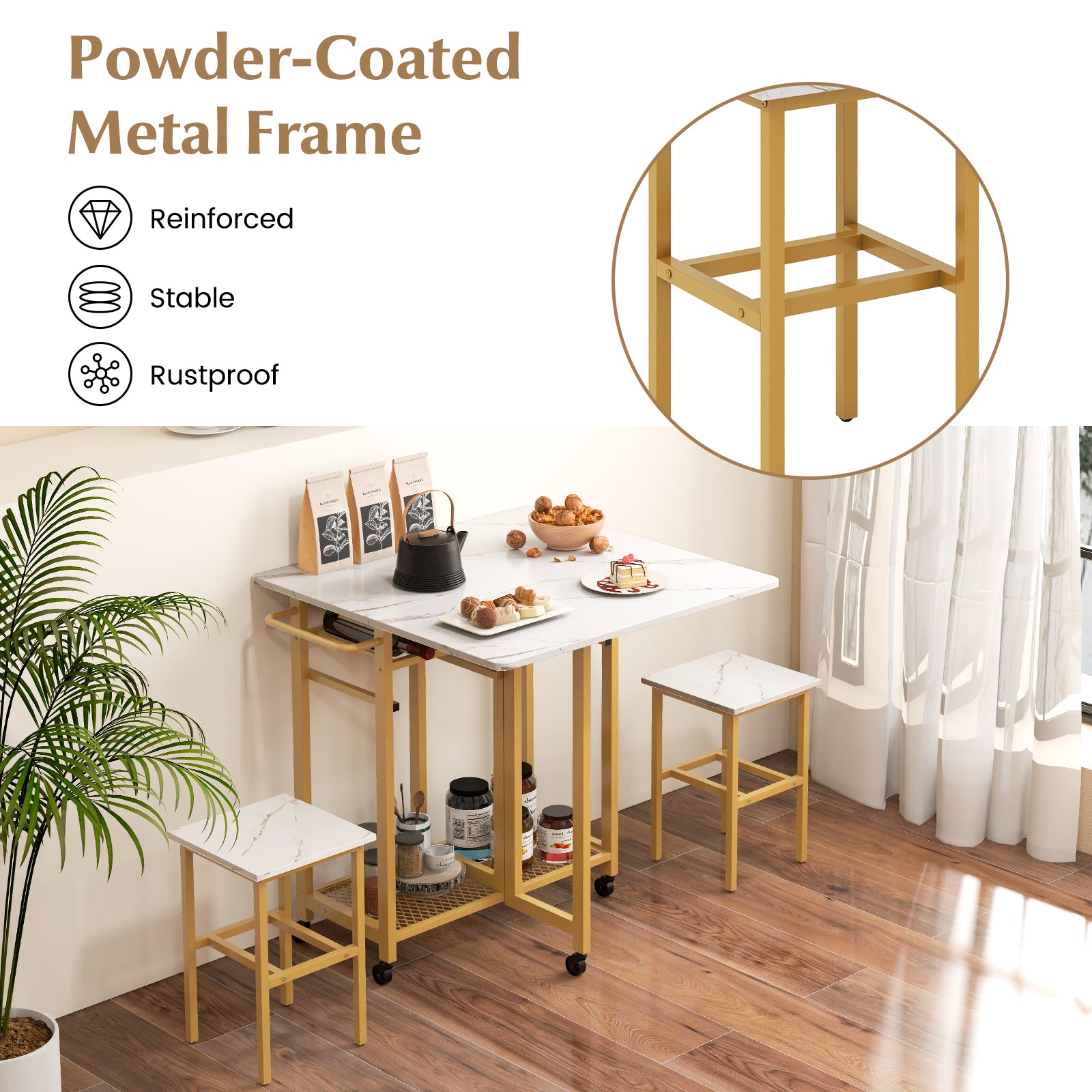 3 Piece Dining Table Set with 6-Bottle Wine Rack-White