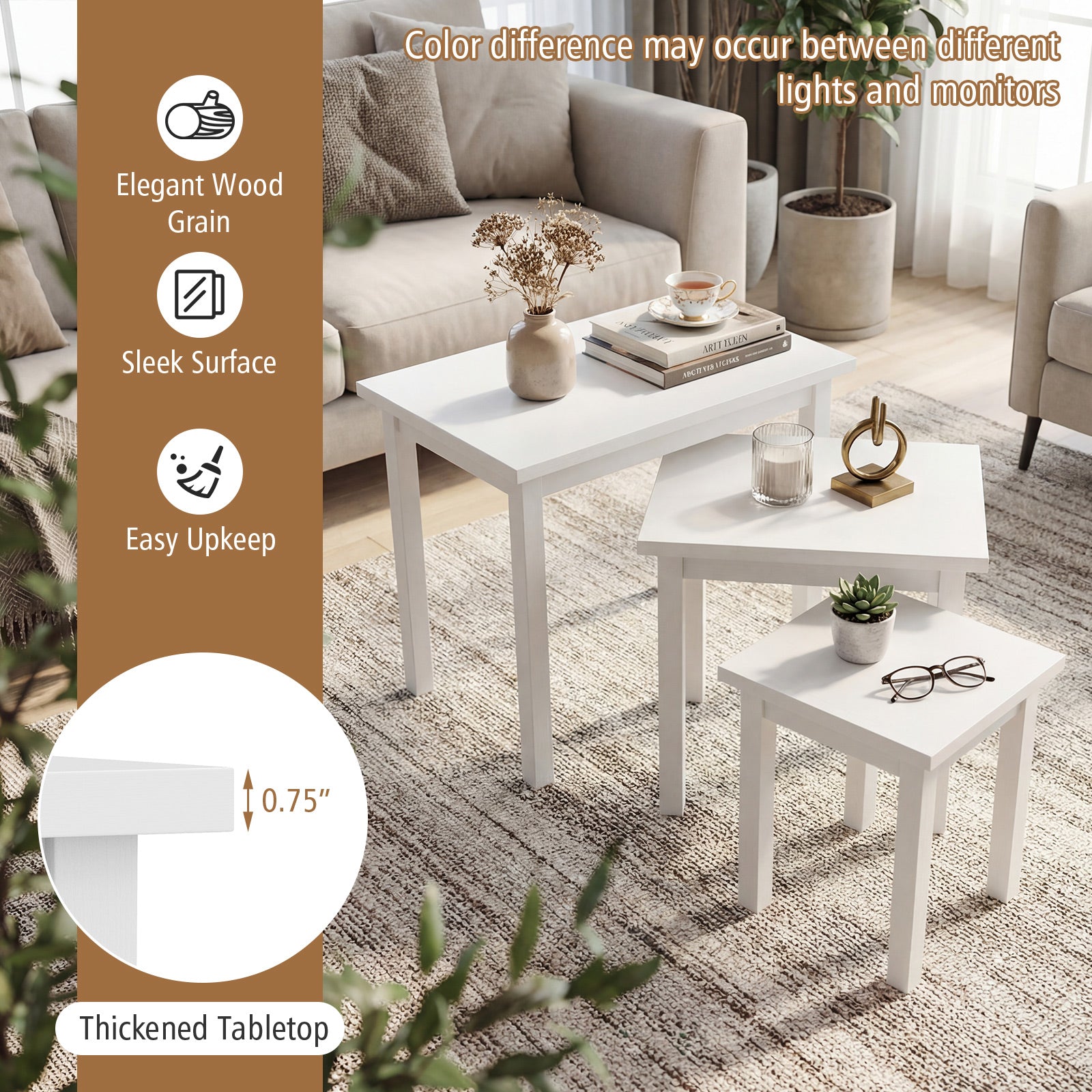 3-Piece Farmhouse Rectangle Side Table Set for Living Room-White