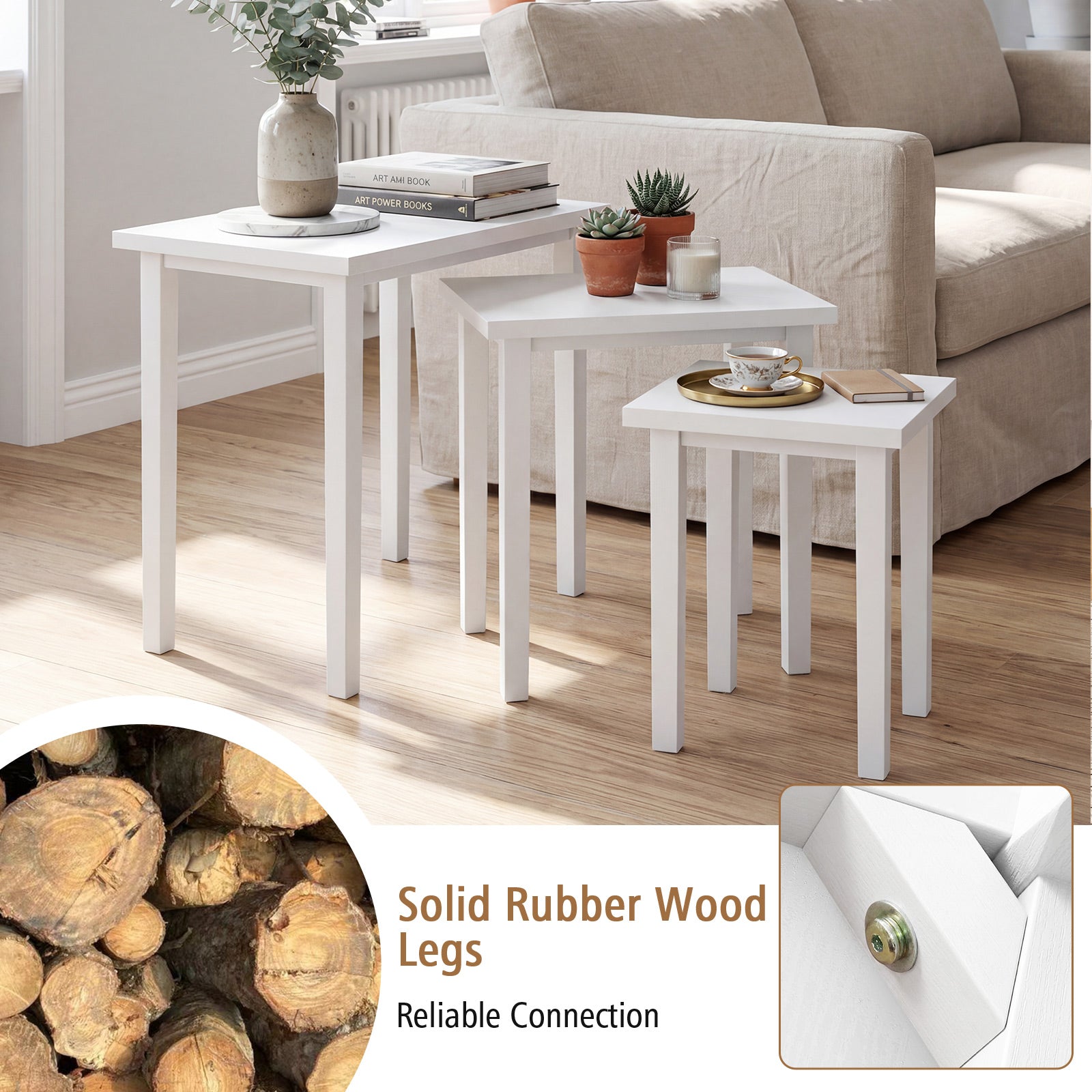 3-Piece Farmhouse Rectangle Side Table Set for Living Room-White