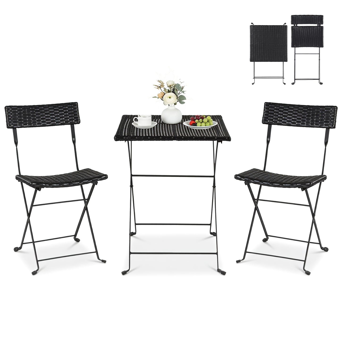 3-Piece Folding Bistro Set with PE Wicker and Metal Frame