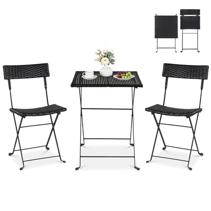 3-Piece Folding Bistro Set with PE Wicker and Metal Frame