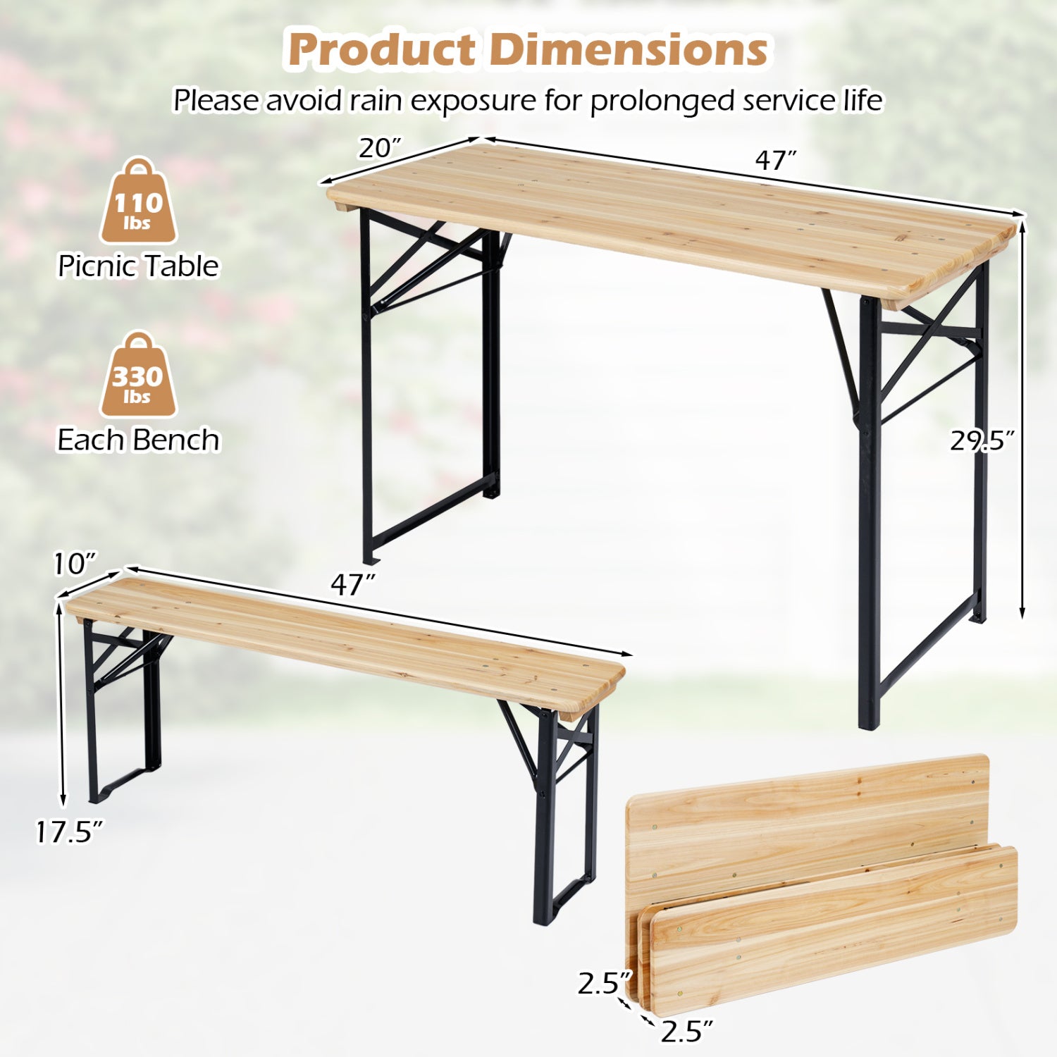 3-Piece Folding Picnic Table with Benches Fir Wood Portable Bear Camping SET