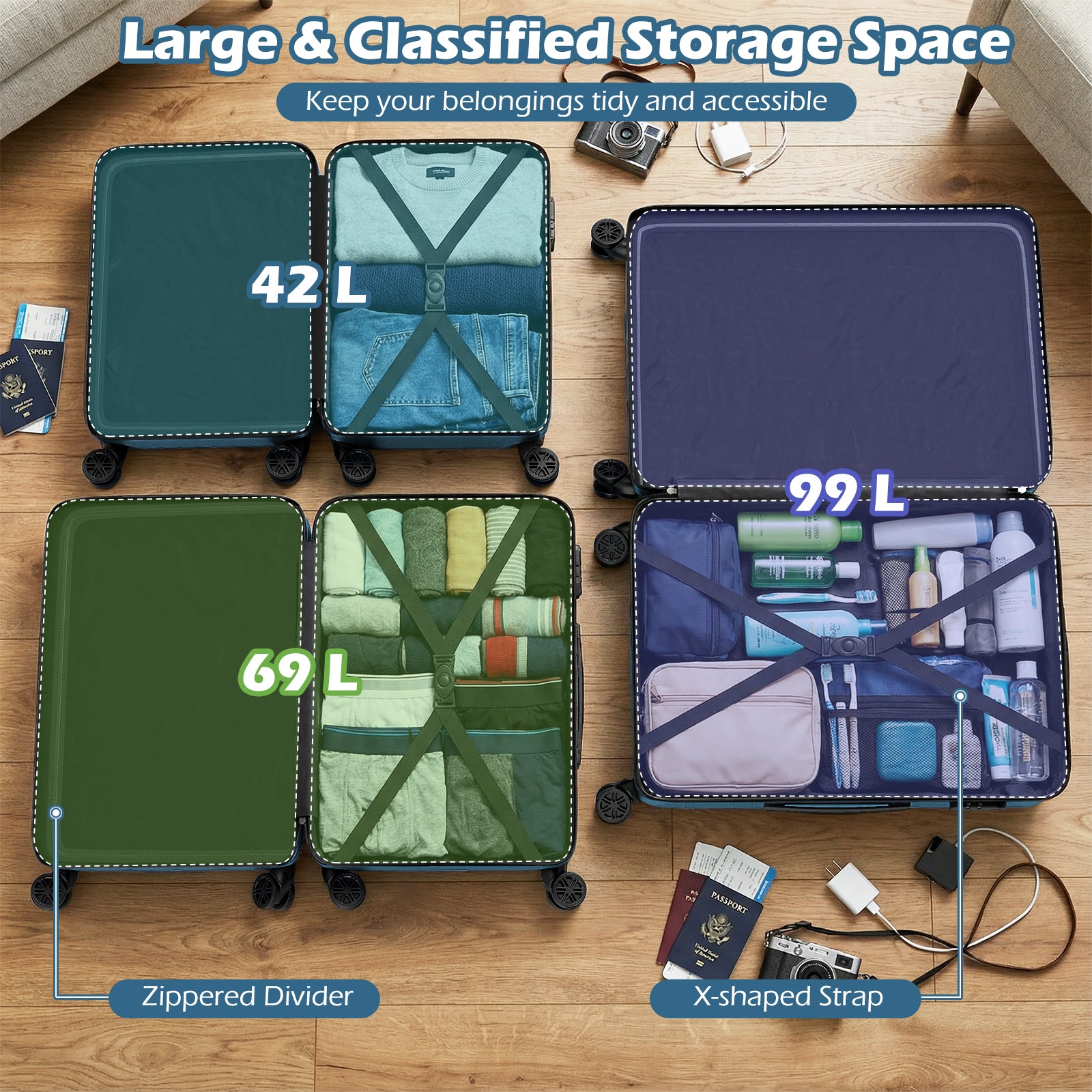 3-Piece Hardside Luggage Set (20/24/28 Inch) Lightweight with 3-Digital Lock-Blue