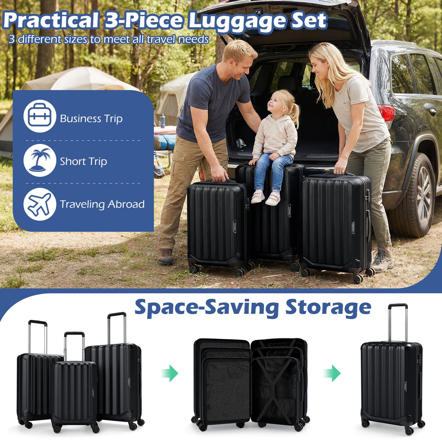 3-Piece Hardside Luggage Set (20/24/28 Inch) Lightweight with 3-Digital Lock-Black