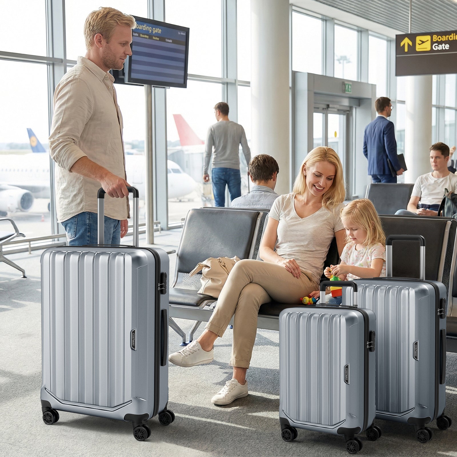 3-Piece Hardside Luggage Set (20/24/28 Inch) Lightweight with 3-Digital Lock-Gray