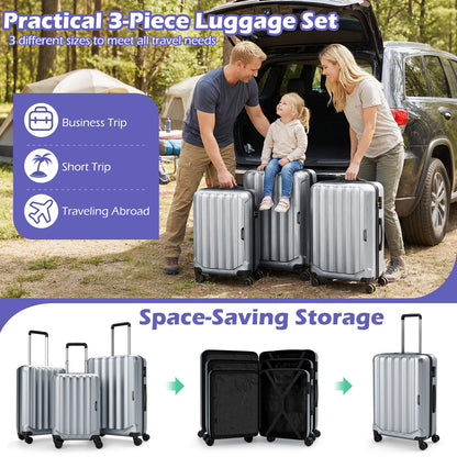 3-Piece Hardside Luggage Set (20/24/28 Inch) Lightweight with 3-Digital Lock-Gray