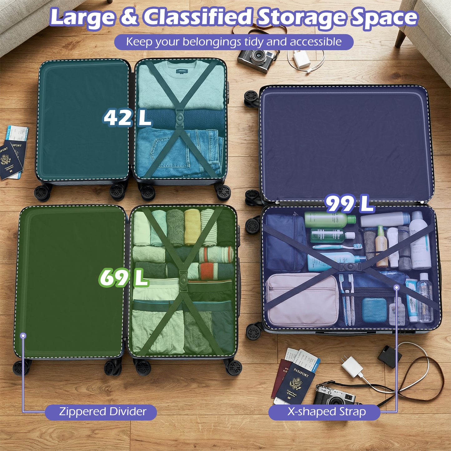 3-Piece Hardside Luggage Set (20/24/28 Inch) Lightweight with 3-Digital Lock-Gray