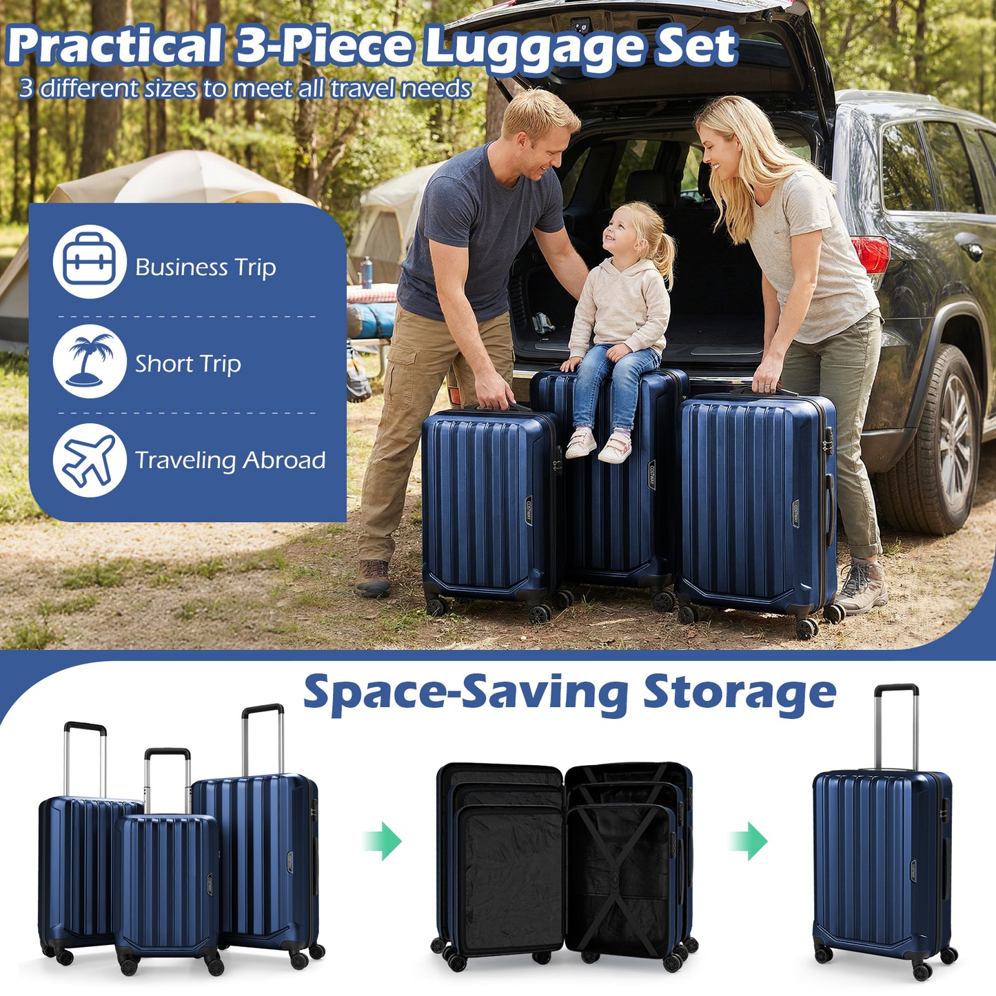 3-Piece Hardside Luggage Set (20/24/28 Inch) Lightweight with 3-Digital Lock-Navy
