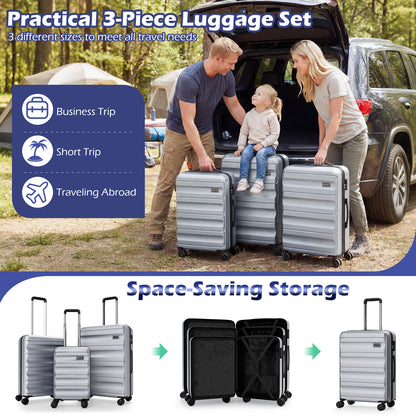 3-Piece Hardside Luggage Set 20/24/28 Inch Lightweight Hardside Suitcases-Gray